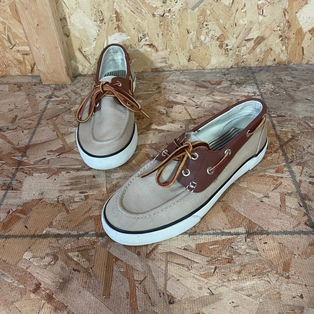 Polo Ralph Lauren Boat Shoes Mens Size 8 Tan Brown Canvas Leather Laced Sneakers